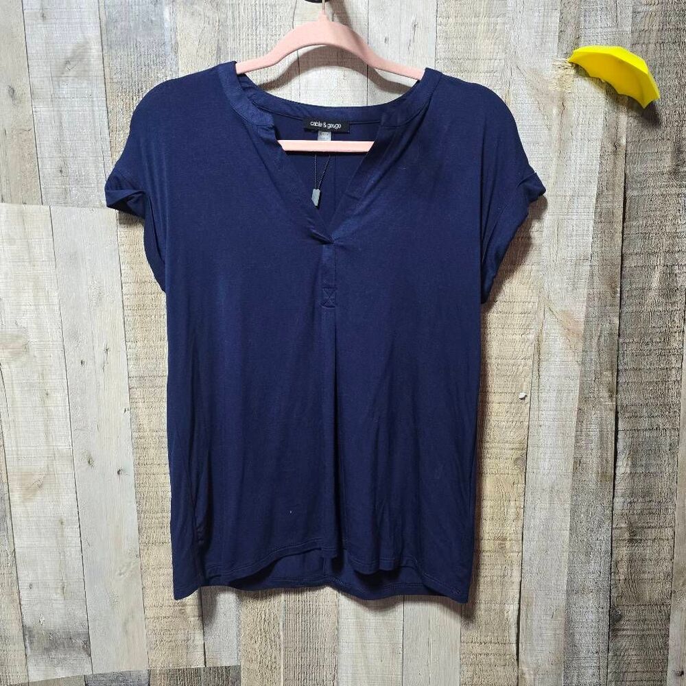 Cable & Gauge Navy Split Neck Blouse Small NWT Office Minimalist Career Basic